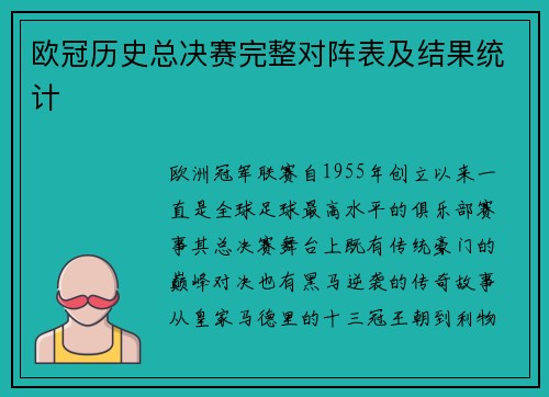 欧冠历史总决赛完整对阵表及结果统计